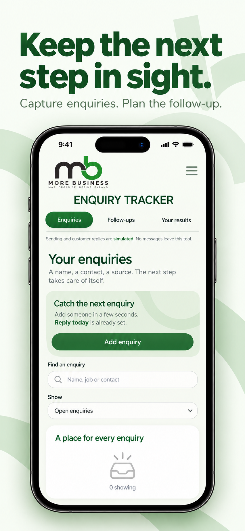 MORE Enquiry Tracker start screen