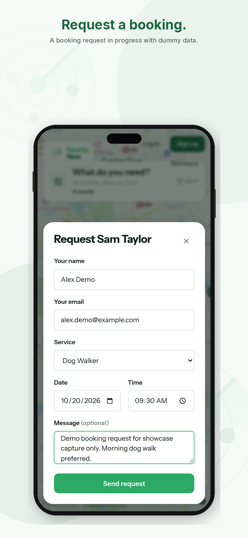 NearbyNow booking request with dummy data