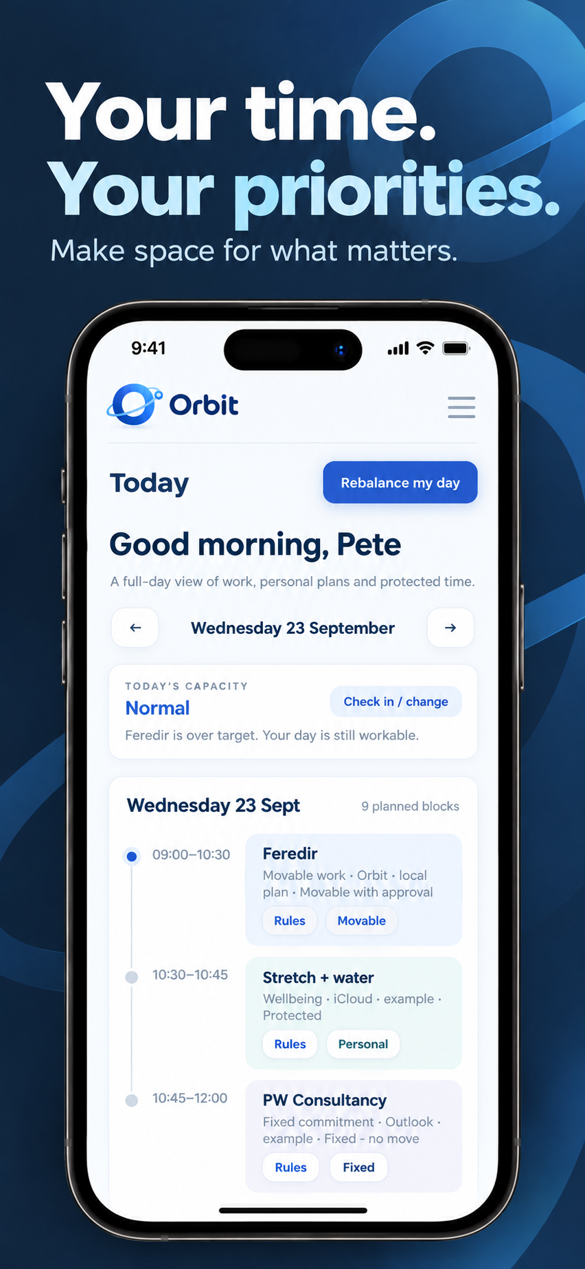 Orbit today overview with sample calendar