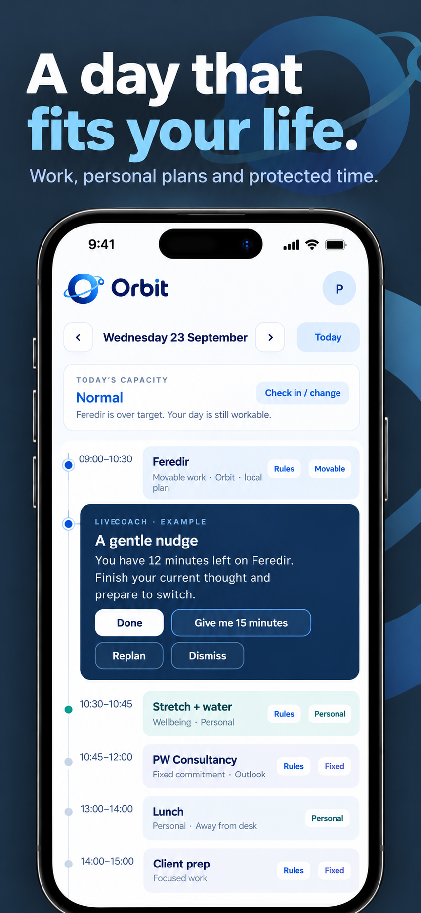 Orbit day planning with live coach example