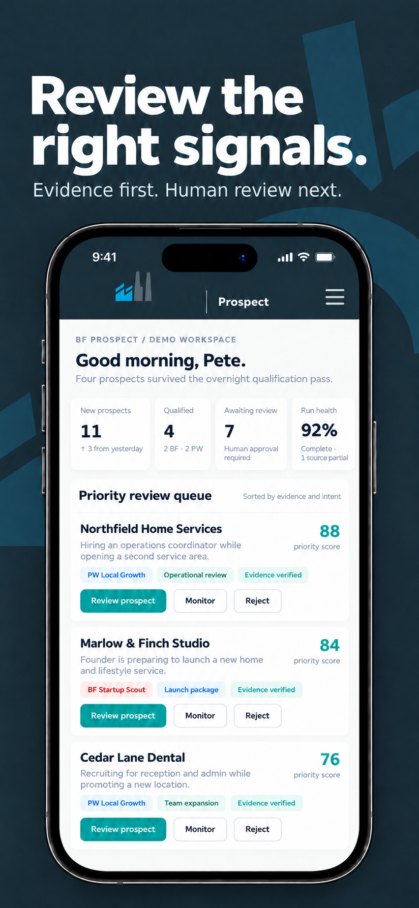 Business Factory Prospect review queue