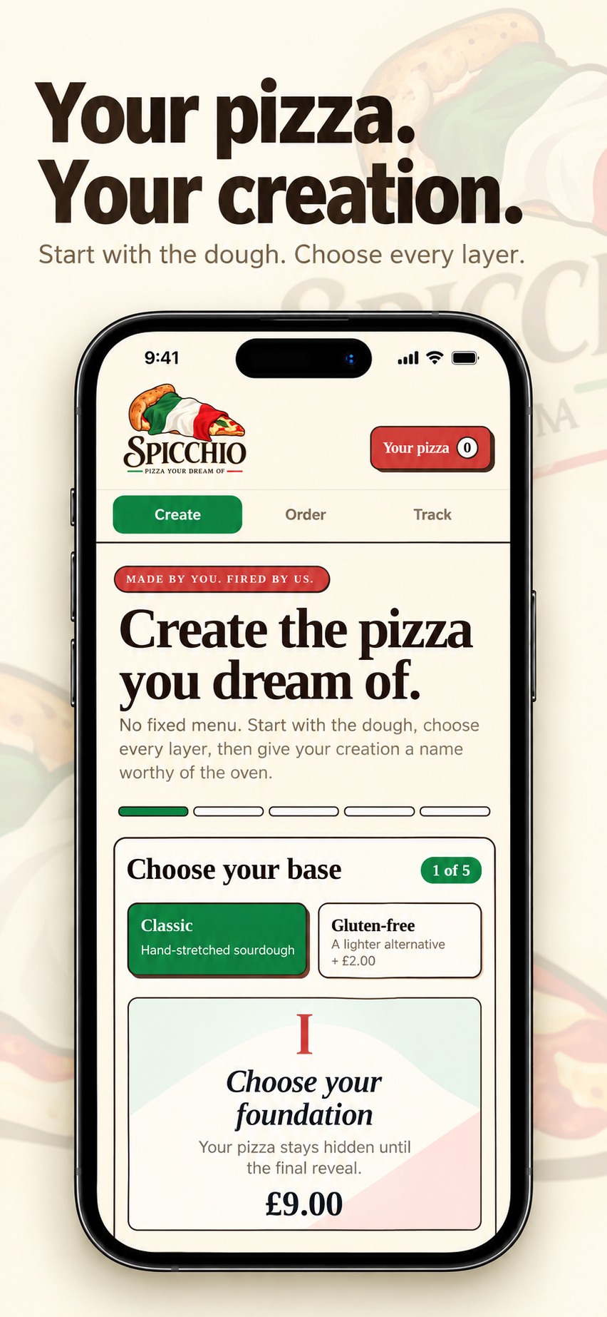 Spicchio pizza create screen